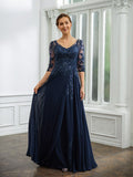 Sanai A-Line/Princess Chiffon Applique V-neck 3/4 Sleeves Floor-Length Mother of the Bride Dresses STGP0020267