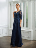 Sanai A-Line/Princess Chiffon Applique V-neck 3/4 Sleeves Floor-Length Mother of the Bride Dresses STGP0020267