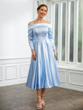 Katie A-Line/Princess Elastic Woven Satin Ruched Off-the-Shoulder Long Sleeves Tea-Length Mother of the Bride Dresses STGP0020269