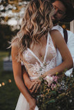 Flowy A Line V Neck Tulle Wedding Dresses with Beads Lace Appliques, Beach Bridal Dresses STG15517