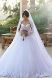 2024 New Wedding Dress A-Line Off The Shoulder Court Train Tulle With Applique PYPMBTE5