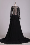 2024 Black Long Sleeves Scoop Prom Dresses With Applique & Slit PF9QCGL3