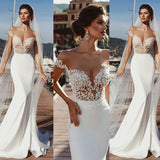 Stunning Mermaid Cap Sleeve Sheer Neck Long Wedding Dresses Beach Wedding Gowns STG15437