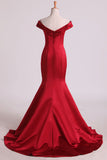 2024 Prom Dresses Off The Shoulder Satin Mermaid Burgundy/Maroon Sweep P9SLLNDF