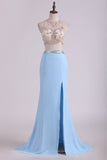 2024 Prom Dresses Scoop Sheath Two Pieces Chiffon With Beading And Slit Sweep P4Q3CMQS
