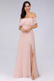 Charming Off Shoulder Ruffle Pink Chiffon Long Prom Dresses Bridesmaid Dresses STG15114