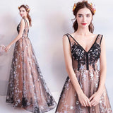 Princess A Line V Neck Applique Prom Dresses with Stars, Lace up Evening Dresses STG15286