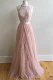 Pink A Line Floor Length Sleeveless Halter Appliques Tulle Prom Dresses
