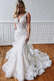 Stunning Mermaid Lace V Neck Backless Wedding Dresses Straps Wedding Gowns STG15438