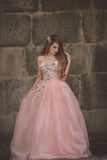 Princess Ball Gown Sweetheart Pink One Shoulder Prom Dresses, Quinceanera Dresses STG15296