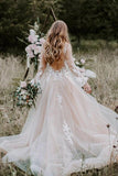 Princess Long Sleeves Lace Appliques V Neck Tulle Wedding Dresses, Beach Wedding Gowns STG15525