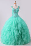 2024 Mint Sweetheart Floor Length Beaded Bodice Quinceanera Dresses Tulle Ball PC88FPDT