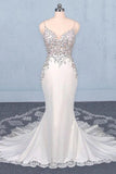 Spaghetti Straps Mermaid Wedding Dress with Lace, V-neck Wedding Dresses STG15418