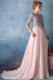 Pink A Line Sweep Train Jewel Neck 3/4 Sleeve Appliques Prom Dresses