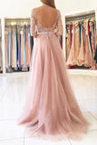 Pink A Line Brush Train 3/4 Sleeve Backless Layers Aplliques Prom Dresses