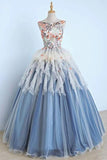 Princess Ball Gown Appliques Blue Tulle Prom Dresses, Sweet 16 Dress, Quinceanera Dress STG15289