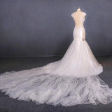 Charming Mermaid Tulle V-neck Wedding Dress, Sheer Back Long Bridal Dresses STG15112