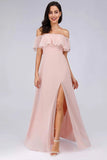 Charming Off Shoulder Ruffle Pink Chiffon Long Prom Dresses Bridesmaid Dresses STG15114