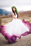 Flowy Two Pieces White Straps Prom Dresses Bateau Fuchsia Dyed Chiffon Wedding Dress STG15233