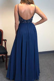 A Line Spaghetti Straps V Neck Chiffon Royal Blue Prom Dresses with Slit Beads Formal Dress STG15032