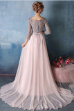 Pink A Line Sweep Train Jewel Neck 3/4 Sleeve Appliques Prom Dresses