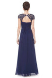 Elegant Lace Cap Sleeve Chiffon Evening Gowns Open Back Bateau Long Prom Dresses STG15170