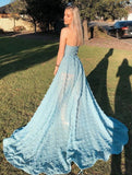 Sexy A line See Through Strapless Slit Backless Blue Prom Dresses with Appliques STG15593