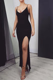 Sexy Black Mermaid Prom Dresses Long with Leg Slit, Spaghetti Straps Evening Dresses STG15330