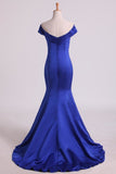 2024 Prom Dresses Off The Shoulder Satin Mermaid Dark Royal Blue Sweep P5K3ER4T