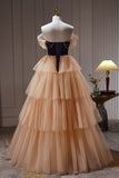 Pretty Champagne Off The Shoulder Beading A Line Tulle Long Prom Dresses