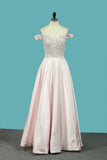 2024 A Line Satin Off The Shoulder Prom Dresses With Beading P3294JF2