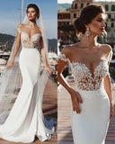 Stunning Mermaid Cap Sleeve Sheer Neck Long Wedding Dresses Beach Wedding Gowns STG15437