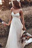 Rustic A Line Lace Backless Spaghetti Straps Wedding Dresses, V Neck Bridal Dress STG15591