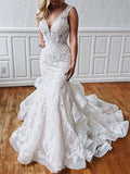 Stunning Mermaid Lace V Neck Backless Wedding Dresses Straps Wedding Gowns STG15438