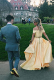 Elegant Two Pieces Yellow Off the Shoulder Prom Dresses Satin Appliques Party Dresses STG15210