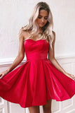 Simple Red Satin Sweetheart Strapless Homecoming Dresses Above Knee Short Prom Dresses STG14982