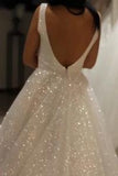 Shiny Ivory Sequins V Neck Backless Straps Wedding Dresses, Beach Bridal Dresses STG15375