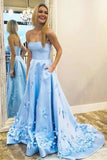 Princess A Line Strapless Blue Satin Sleeveless Prom Dresses with Pockets, Evening Dresses STG15285