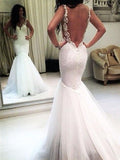 Elegant Mermaid White V Neck Appliques Wedding Dresses, Tulle Beach Wedding Gowns STG15183