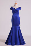 2024 Prom Dresses Off The Shoulder Satin Mermaid Dark Royal Blue Sweep P5K3ER4T