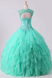 2024 Mint Sweetheart Floor Length Beaded Bodice Quinceanera Dresses Tulle Ball PC88FPDT