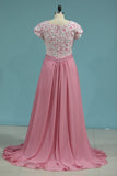 2024 New Arrival Prom Dresses Short Sleeves Chiffon With Applique PKD1C32A