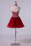 2024 Halter A-Line Homecoming Dresses Burgundy/Maroon With Beads Tulle P2CE4NXN