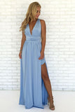 A-Line V Neck Criss Cross Light Blue Chiffon Long Prom Dresses with Split, Formal Dresses STG15053