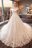 Gorgeous Off The Shoulder Lace Cathedral Train Wedding Dresses Princess Bridal STGPT58L82L