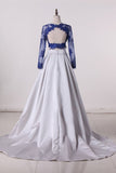 2024 Long Sleeves Scoop Prom Dresses A Line Satin With Applique PJE4FZNR