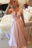 2024 Long Sleeves Scoop Prom Dresses A Line Satin With Applique And P5C9PXRC
