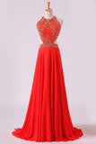 2024 Prom Dresses Scoop A Line Orange Red Chiffon With Beading Sweep PQR7AERZ