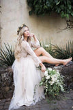 Princess Long Sleeve Lace Top Beach Wedding Dresses With Slit Tulle Ivory Wedding Gowns STG15299