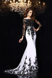 2024 Long Sleeves Prom Dresses Boat Neck Spandex With Applique Sweep P2BNM8NK